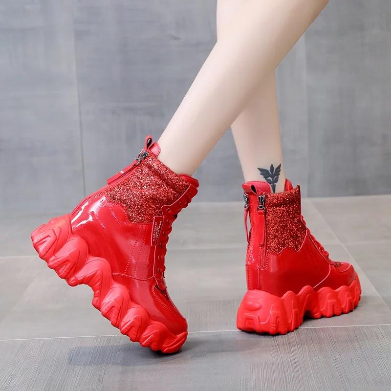 Móda 7CM Podzimní Bling Kožené Boty Klínkové Podpatky Dámské Kotníkové Boty Vysoké Šněrovací Platformové Tenisky Zimní Červené Motorkářské Boty Dámské Boty