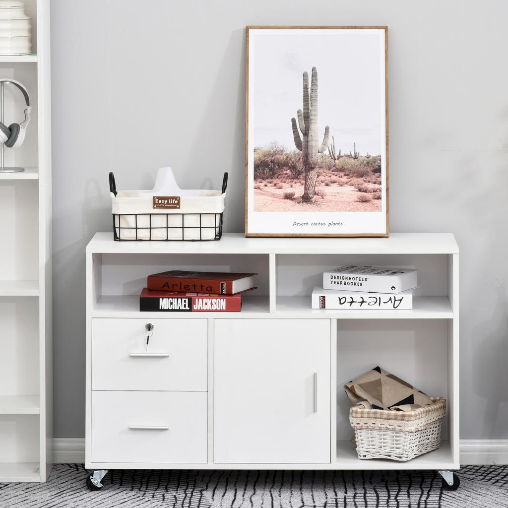 Mobiel archiefkast voor thuiskantoor, Zijwaarts archiefkast, Printerstandaard met open vakken, Afsluitbare lade, 100cm x 35cm x 65cm, Wit
