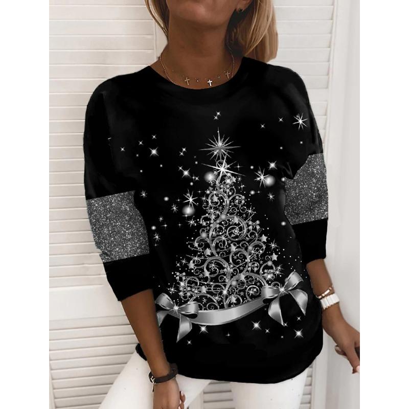XS-8XL Women's T Shirt Tee Snowflake Sparkly Christmas Tree Christmas Weekend Painting Tee Long Sleeve Print Round Neck Basic