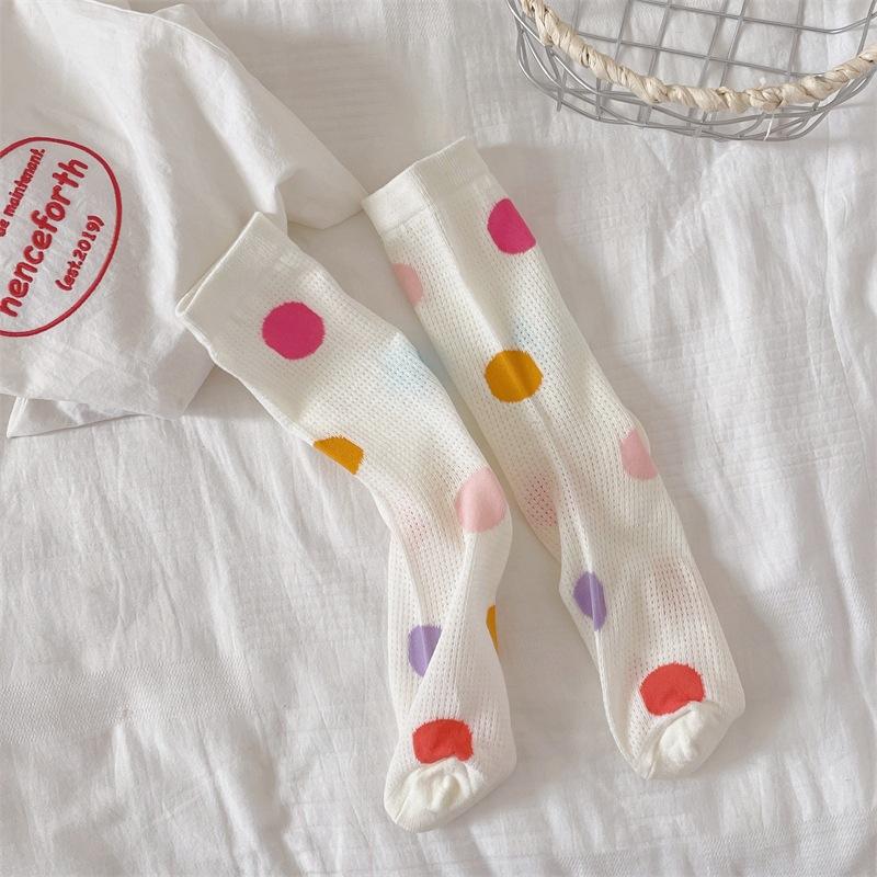 Ladies Spring and Summer Thin Striped Star Color Polka Dot Lovely Breathable Mesh Hollow Tube Stack Socks