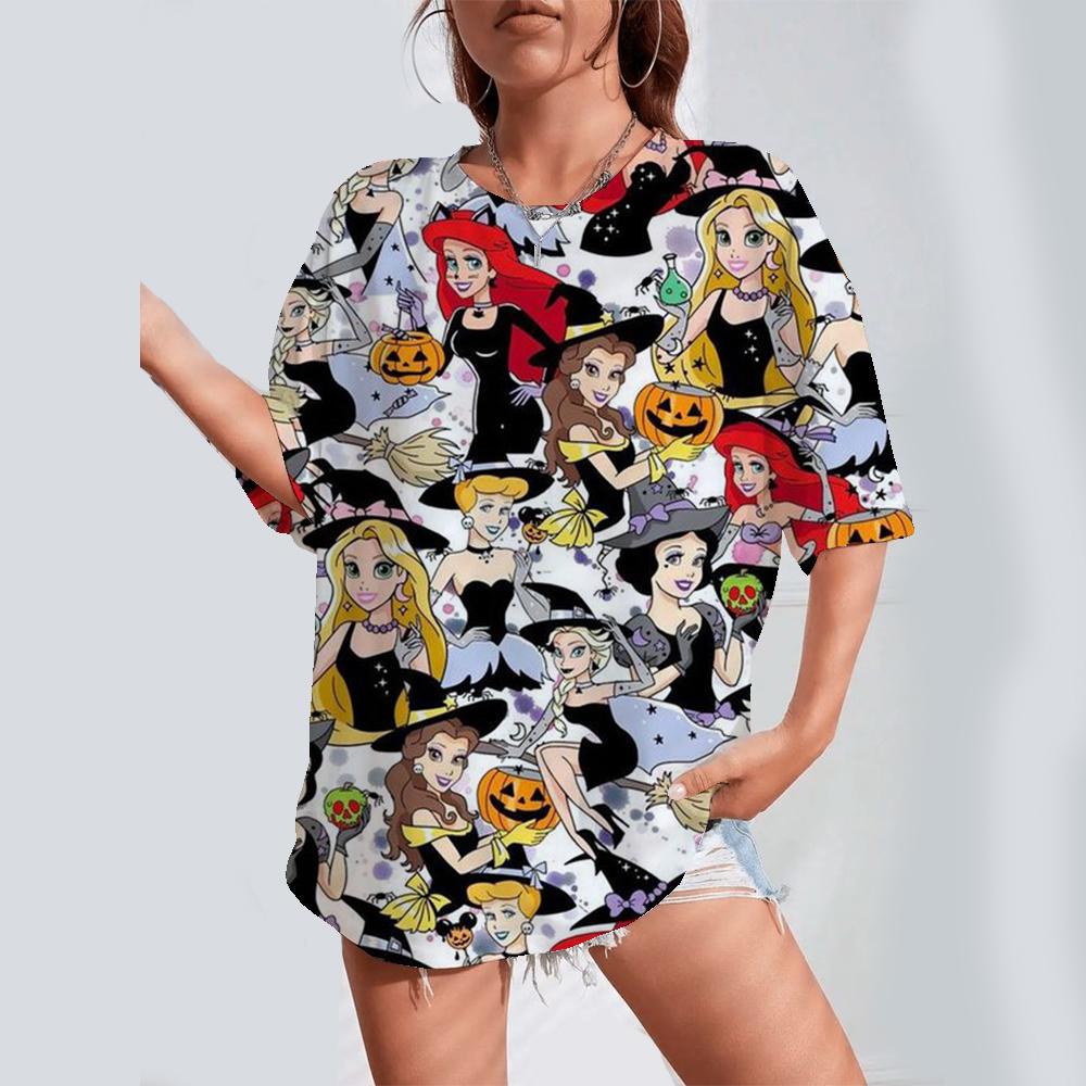 2025 Cartoon Printed Women's T-shirt Disney Princess Printed Summer Short sleeved T-shirt Harajuku Casual Round Neck Top