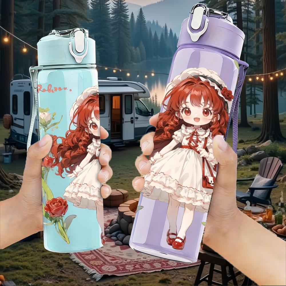 1PC Long Hair Girl Red Rose Ornament Pattern 750ml Color Plastic Sports Water Bottle Leakproof Flip Straw Lid Suitable for Sports Office Home Use