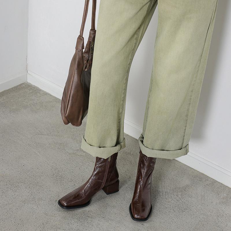 Old money wind thin boots women pointed thin thick heel short boots Martin boots 4.5cm soft leather flat bottom commuting OL short boots