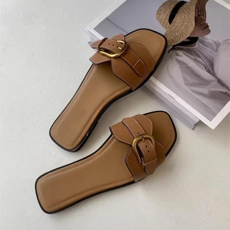 Flat Shoes Women's Summer New Square Toe Open Toe Metal Belt Buckle Soft Sole Non-Slip Low Heel Shoes