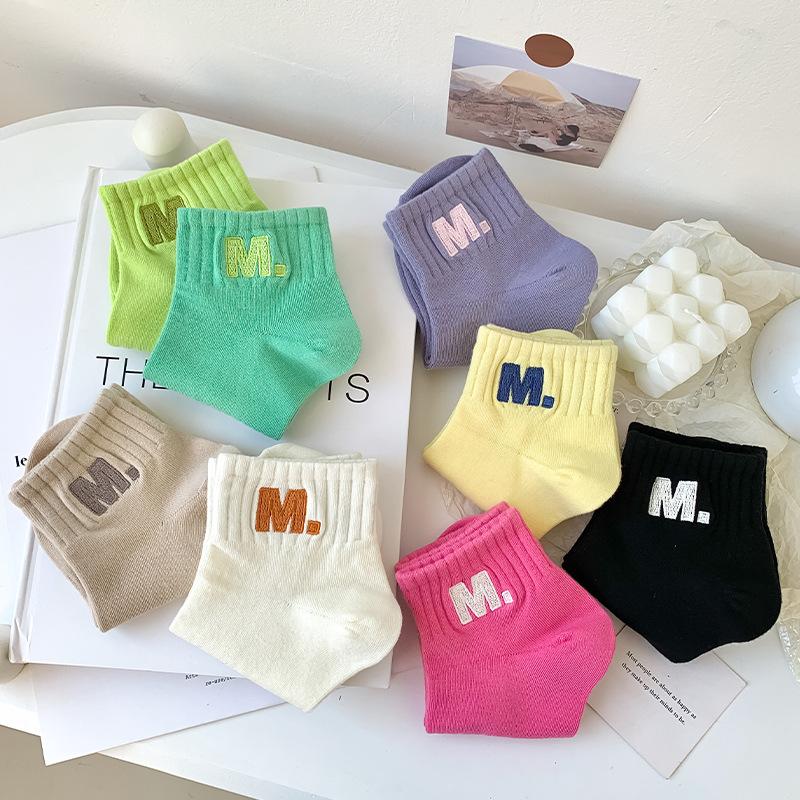 Women's Spring and Summer Short Socks, Solid-colored Cotton Socks, Embroidered Candy-colored Sports Socks, Thin Boat Socks