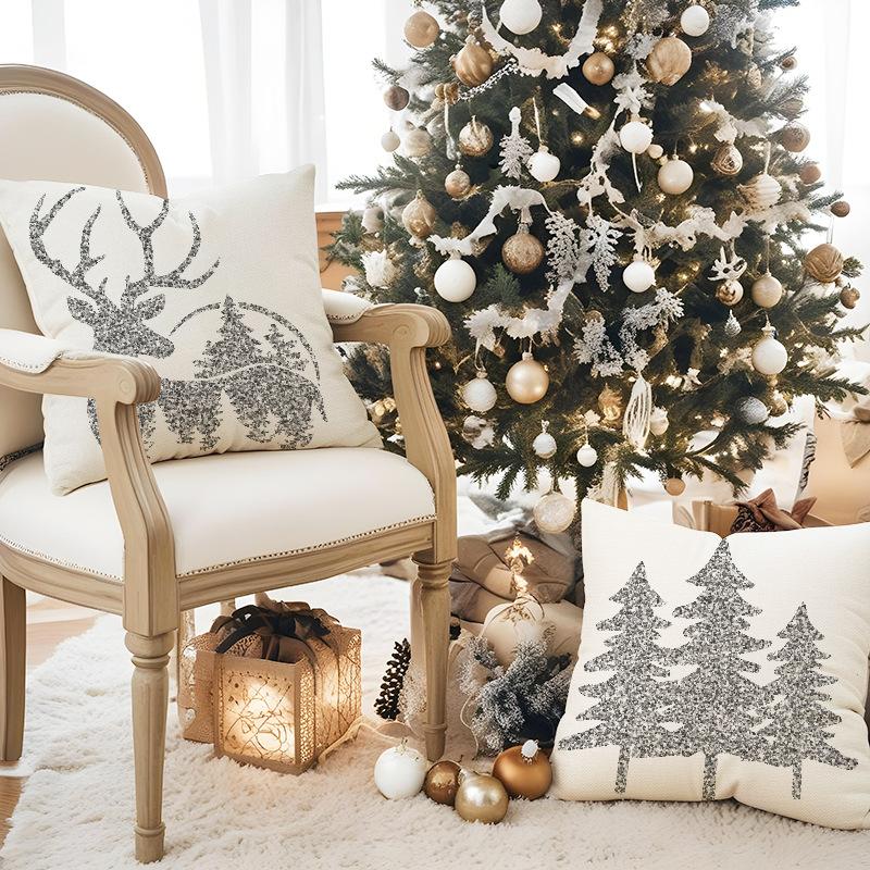 New Silver Glitter Snowflake Christmas Pillowcase Linen Print Pillowcase Festive Room Sofa Decoration