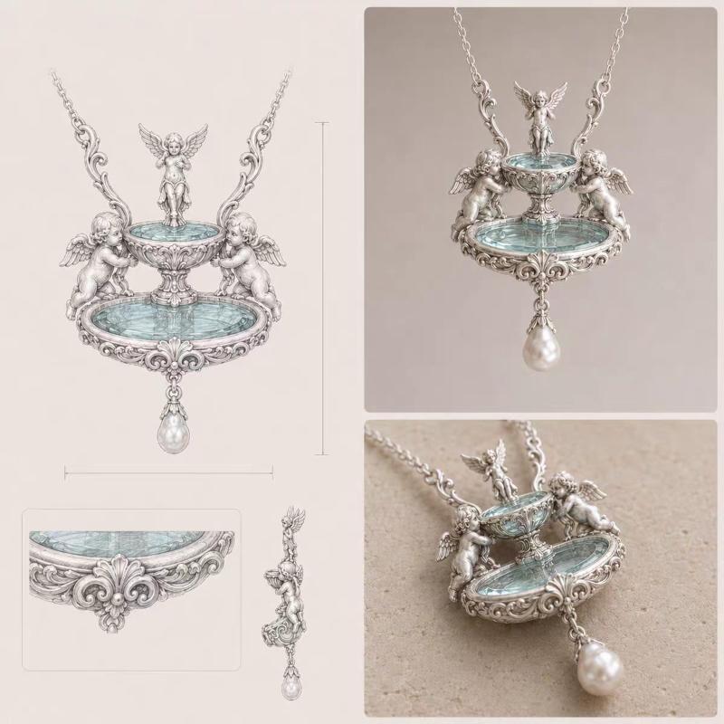 2027 Vintage Wishing‑Fountain Angel‑Embossed Pendant Necklace Ladies Artificial‑Pearl Women Retro Clavicle Chain Neck Jewelry