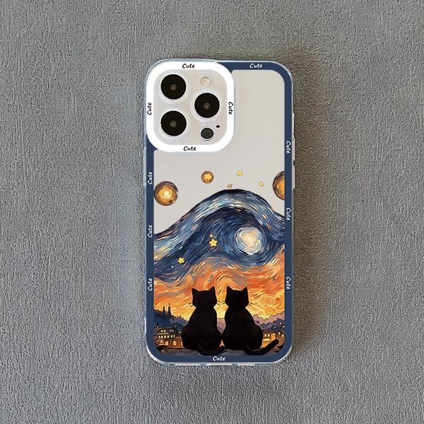 Coque de téléphone Chat Ciel Étoilé pour iPhone 13 12 Pro Max 15 14 Pro Max Plus 11 XR XS X 8 7 Plus SE 2020 Coque Arrière Souple Transparente Fundas