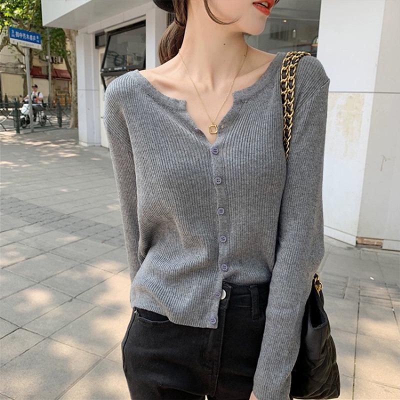 Fall Winter V Neck Knit Top Women Thin Long Sleeve Solid Short Cover Up Slim Sweater Cardigan Coat