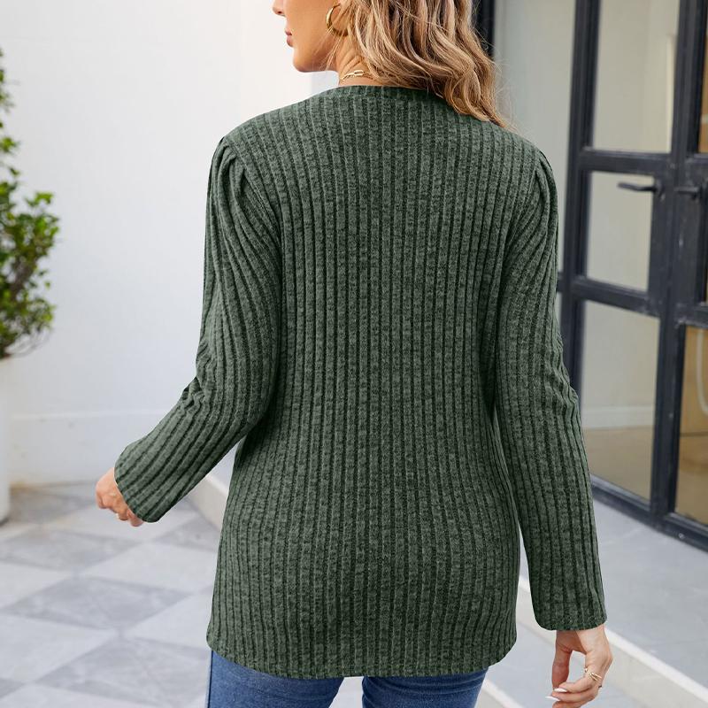 Damen-T-Shirt mit rundem Halsausschnitt, Puffärmeln, einfarbigem Oberteil und langen Ärmeln