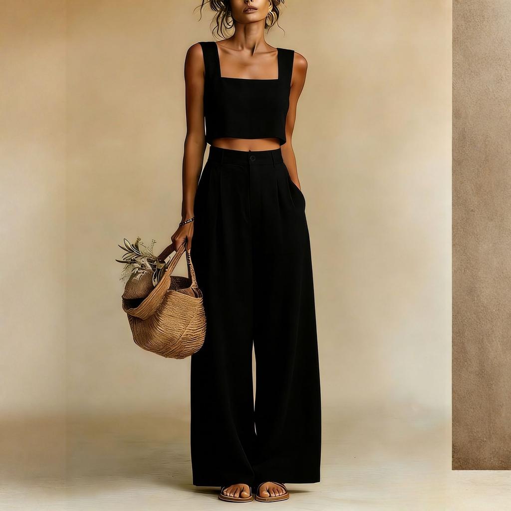 Women's Casual Square Neck Wide Leg Pants Set, Loose Sleeveless Vest Two-piece Set