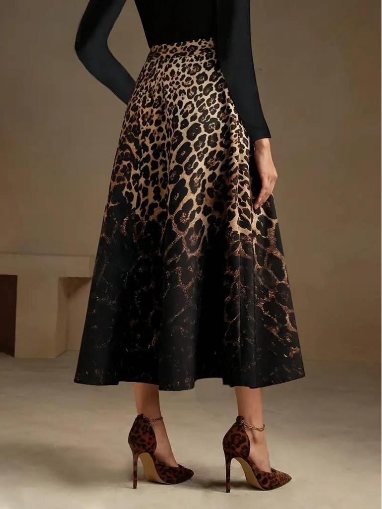 2025 Leopard Print High-Waist A-Line Midi Skirt for Women - Retro, Elegant, Plus Size