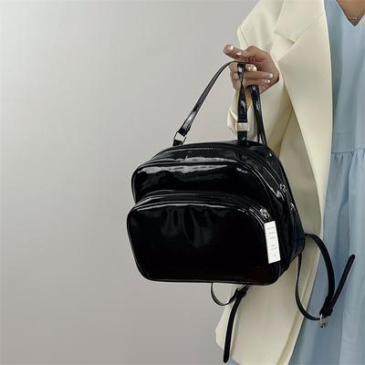 Black PU Backpack  New Women's Patent Leather Glossy Zipper Shoulder Bag Classic Casual Versatile Class Commuting Bags Trend
