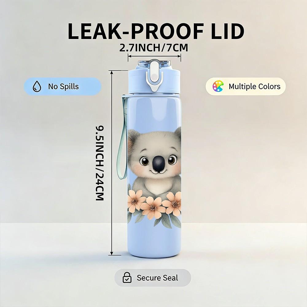 1PC Cute Koala Eucalyptus Print 750ml Color Plastic Sports Water Bottle Leakproof Flip Straw Lid Suitable for Sports Office Home Use