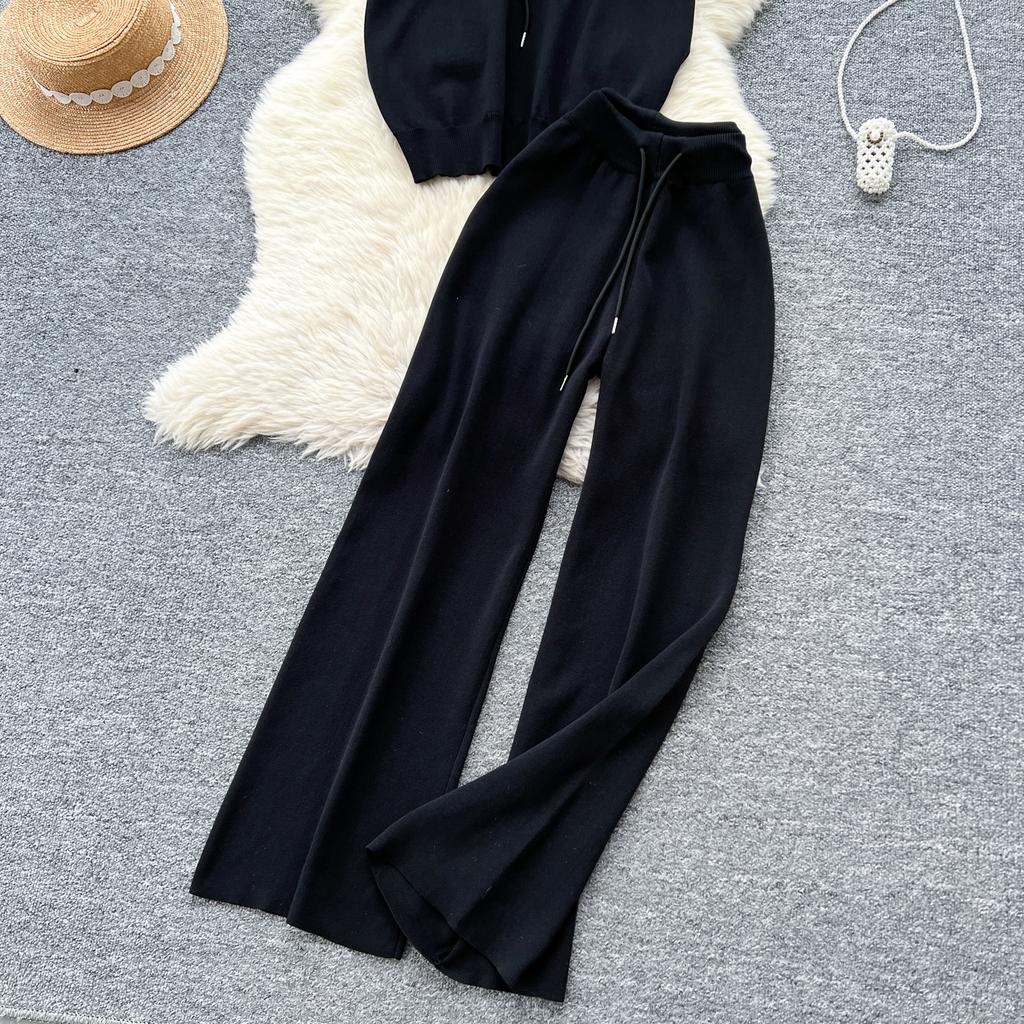 Summer Women Drawstring Knitted Sweater Trouser Two Piece Set Short Sleeve Zipper Pullover Tops and Wide Leg Pant Suit