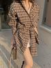 Women's Retro Plaid Long Sleeve Shirt with Tie Waist and Lapel