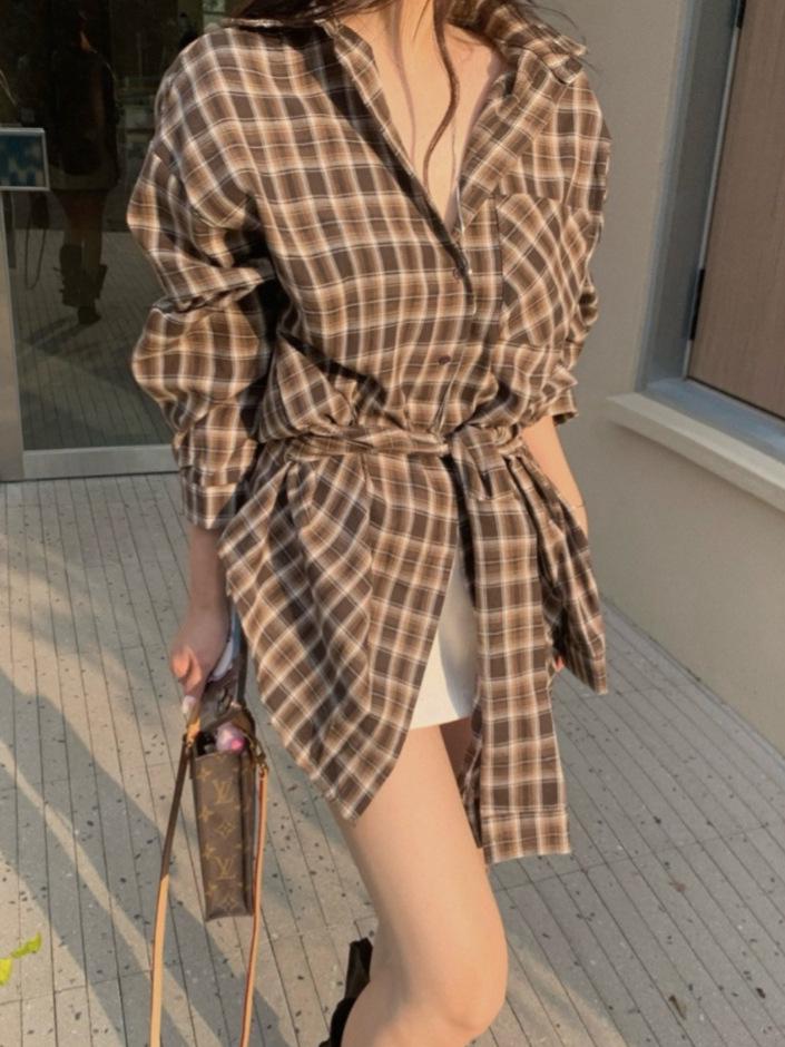 Women's Retro Plaid Long Sleeve Shirt with Tie Waist and Lapel