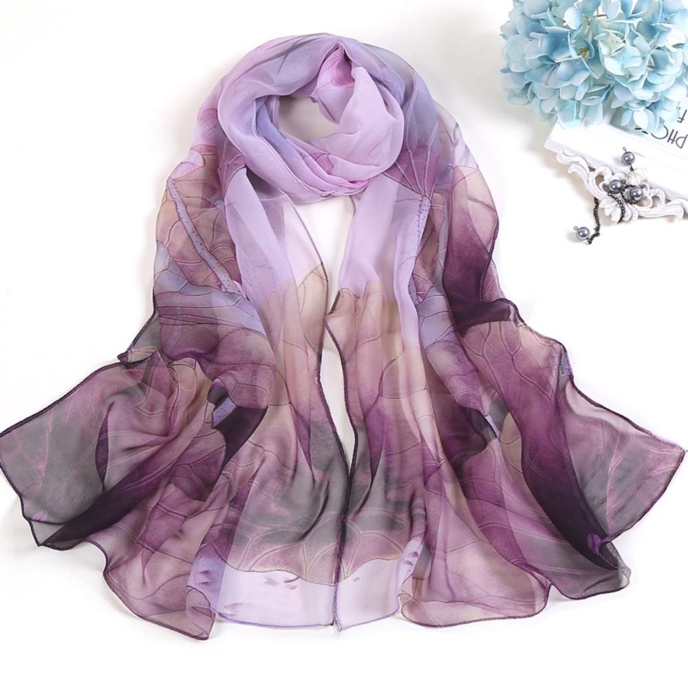 

Lightweight Floral Printing Scarf Soft Long Chiffon Scarf Fashion Beach Silk Shawl Daily Wear фіолетовий