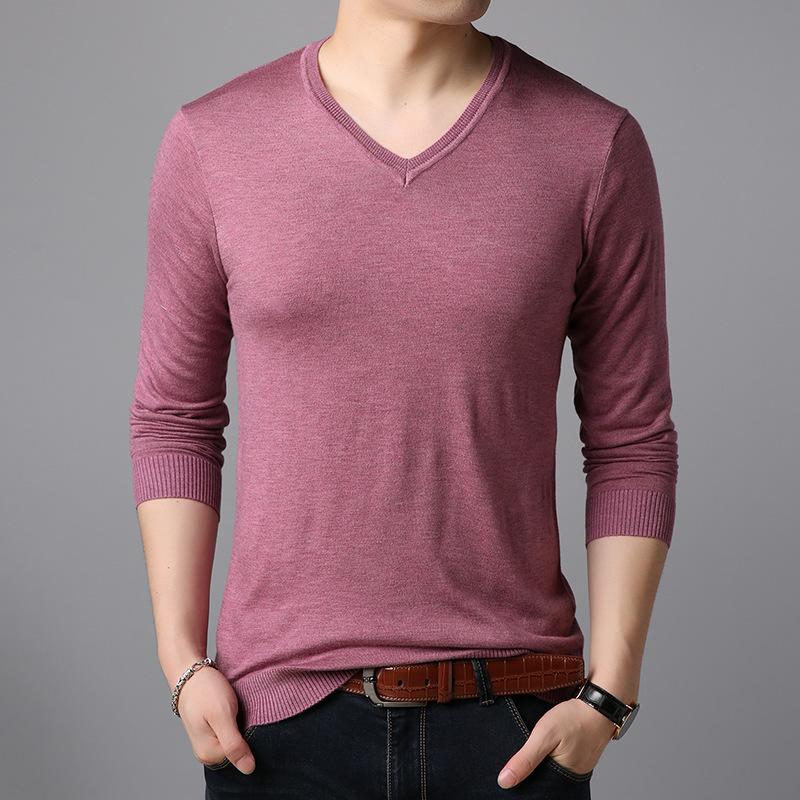 CHIC STUDIO Herfst Heren Gebreide Trui Effen Kleur Pullover V-hals Lange Mouw Eenvoudige Platte Trui T-shirt Onderhemd Top M