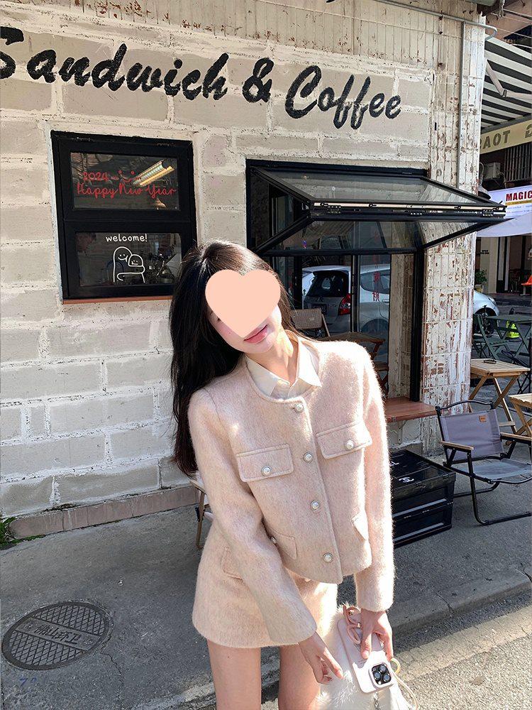 Korean-Style Pink Tweed Coat & A-Line Midi Skirt Two-Piece Set - Chic Spring/Summer Fashion