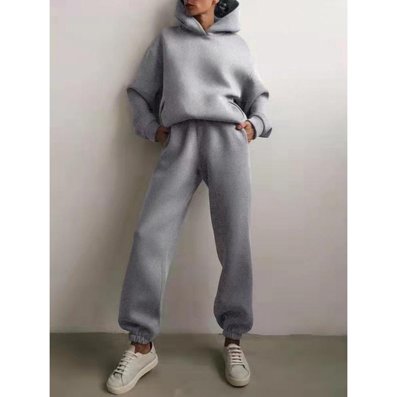 GMXIA Autumn and Winter Loose, Fleece and Thick Women's Set, Sporty, Casual and Fashionable, Solid-color Hooded Sweatshirt and Skinny Pants Set