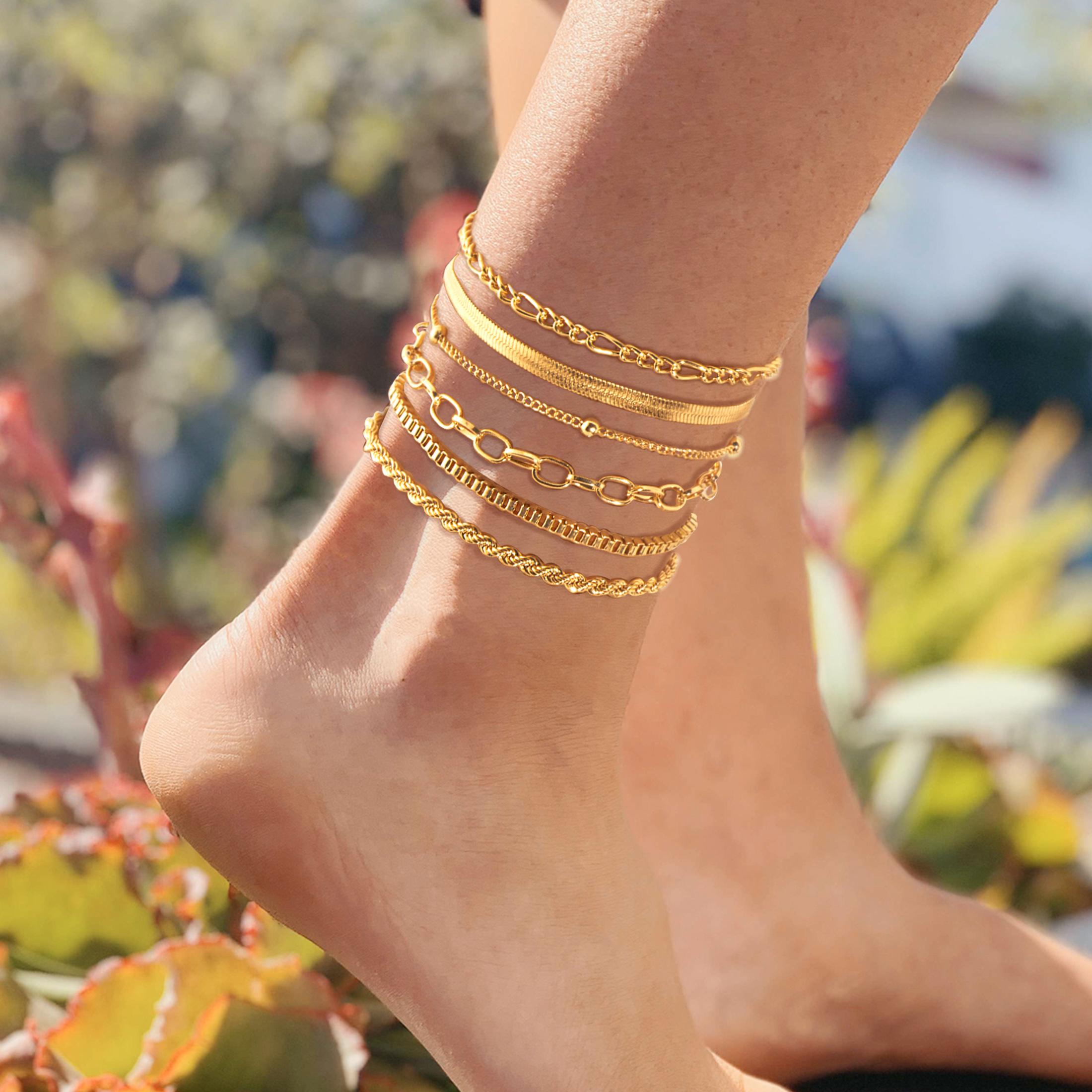 

Multi-piece Set Bohemian Vacation & Simple Style Stackable Vegan Chain for Women Summer Anklet Plated 18K gold Silver hypoallerg