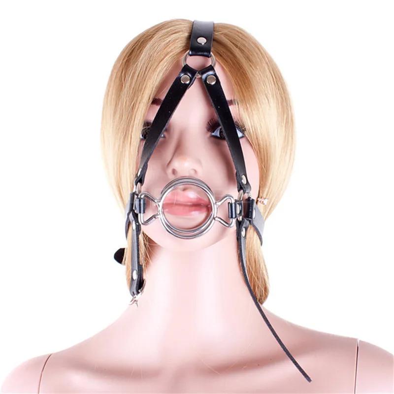 Adult Double O-Rings Stainless Steel Open Mouth Ring Gag Head Hood Harness Strap  Restraint Bondage Sex Toys for Woman Man
