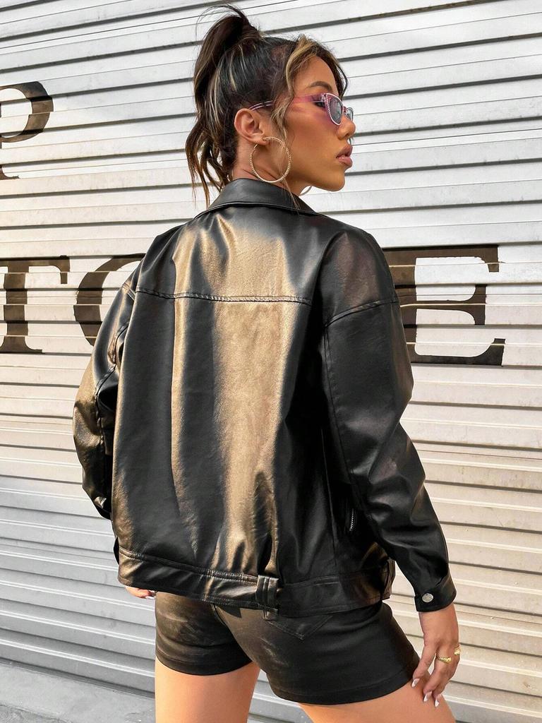 Rose Beauty A Drop Shoulder PU Deri Motosiklet Ceketi