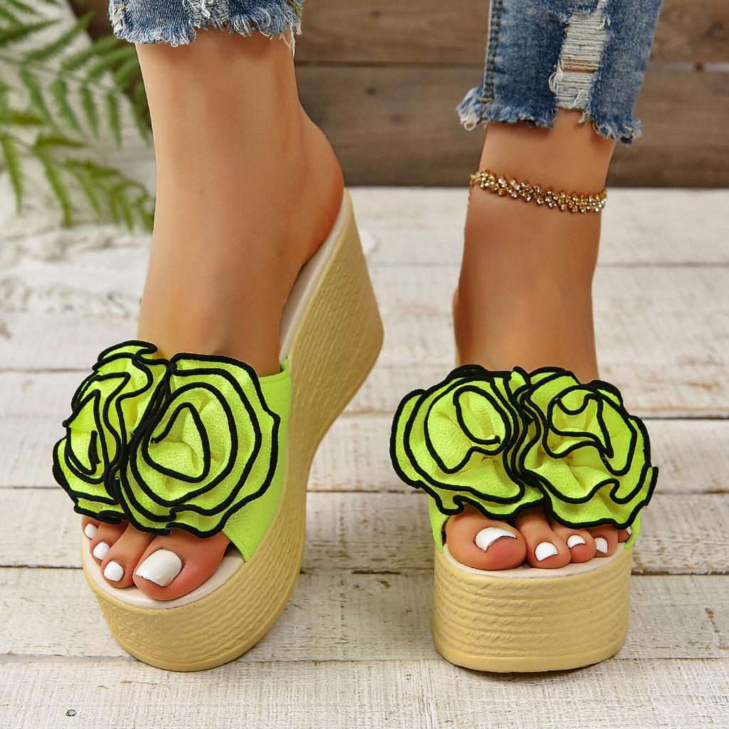 Aphixta Fluorescent Pink Wedge Heels Slippers Women Bohemian Flower Mulers 4cm Platform Sandals Clog Shoe Slides Plus Size 43