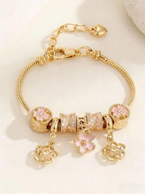 1pc  Pink Flower Charm Bracelet for Women Gold Color Beaded Adjustable Sweet Jewelry Daily Wear Accessory Gift