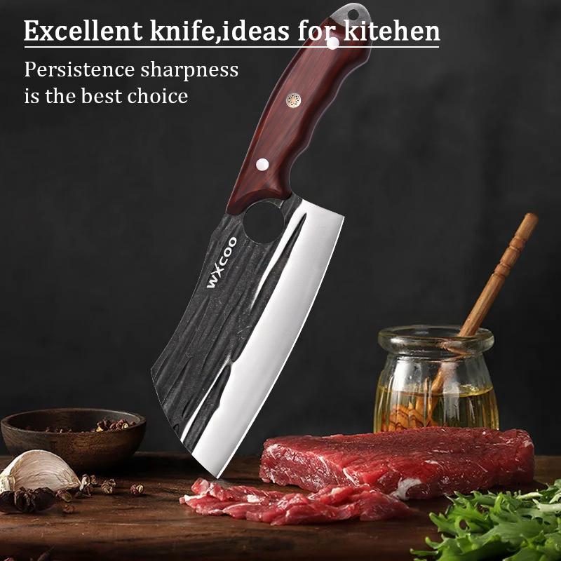 WXCOO Kitchen Knives Butcher Knife Handmade Forged Professional Household Slicing Knife Fruit for BBQ Cooking Tool Wooden Handle