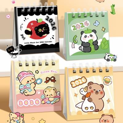 2026 Mini Desk Calendar Kawaii Dolphin Bear Cat Images Office Decor with Spiral Binding Student Table Calendar