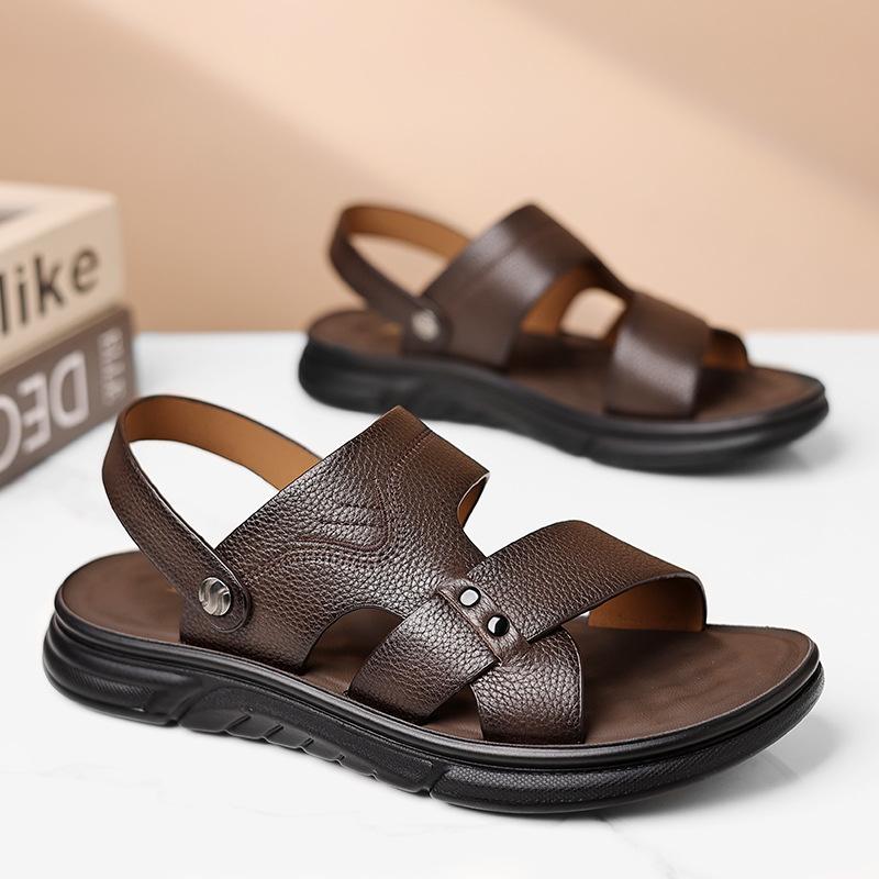New first-layer cowhide sandals men's breathable leather beach shoes casual soft sole medium old dad men's shoes