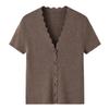Women's 100% Pure Cashmere V-Neck Ruffle Trim Short Sleeve Cardigan Sweater