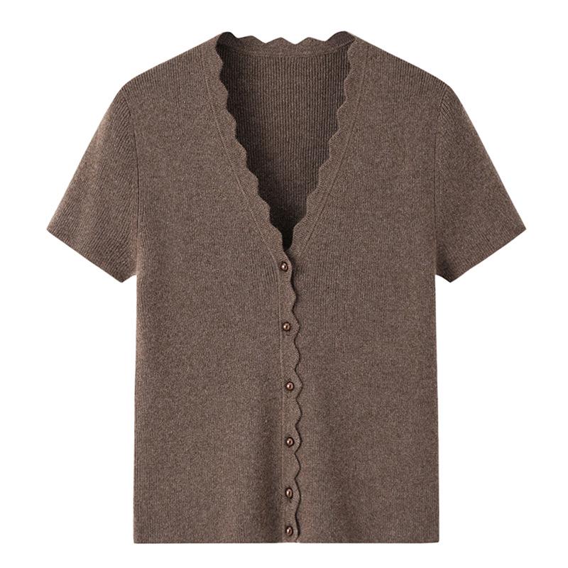 Women's 100% Pure Cashmere V-Neck Ruffle Trim Short Sleeve Cardigan Sweater