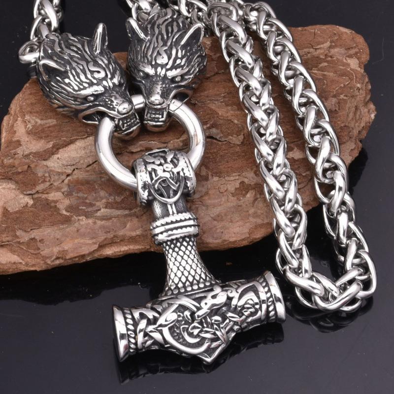Viking Style Wolf Head Hammer Pendant Necklace With Runes For Men