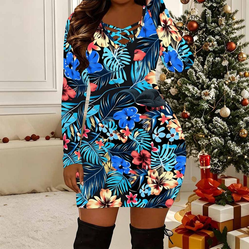 Women Plus Size Long Sleeve V Neck Crisscross Cutout Bodycon Mini Night Club Outfit