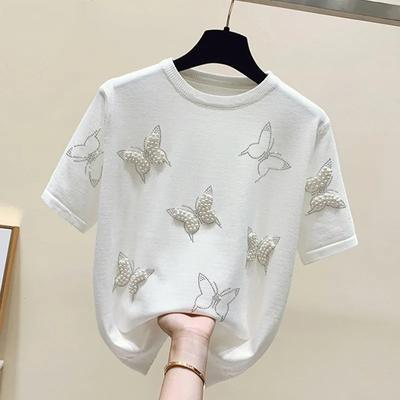 Camisetas femininas de verão com gola redonda e manga curta, bordado de pérolas doces, tops de malha femininos, camisetas coreanas chiques com contas de borboleta