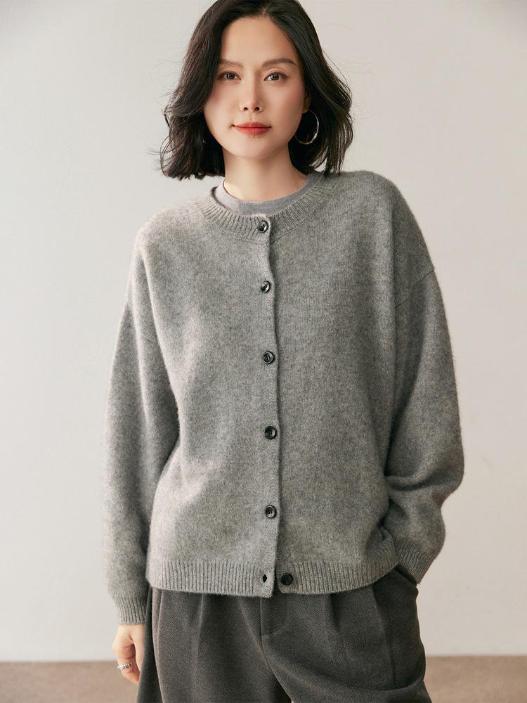 Women's Cashmere Cardigan - Autumn/Winter 2025 Collection, Round Neck, Gentle Loose Fit, Slimming Single-Breasted Jacket.
