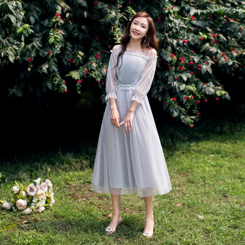 2025 New Off-the-Shoulder Bridesmaid Dress: Mid-Length, Slimming, with Fairy Charm for Special Occasions.