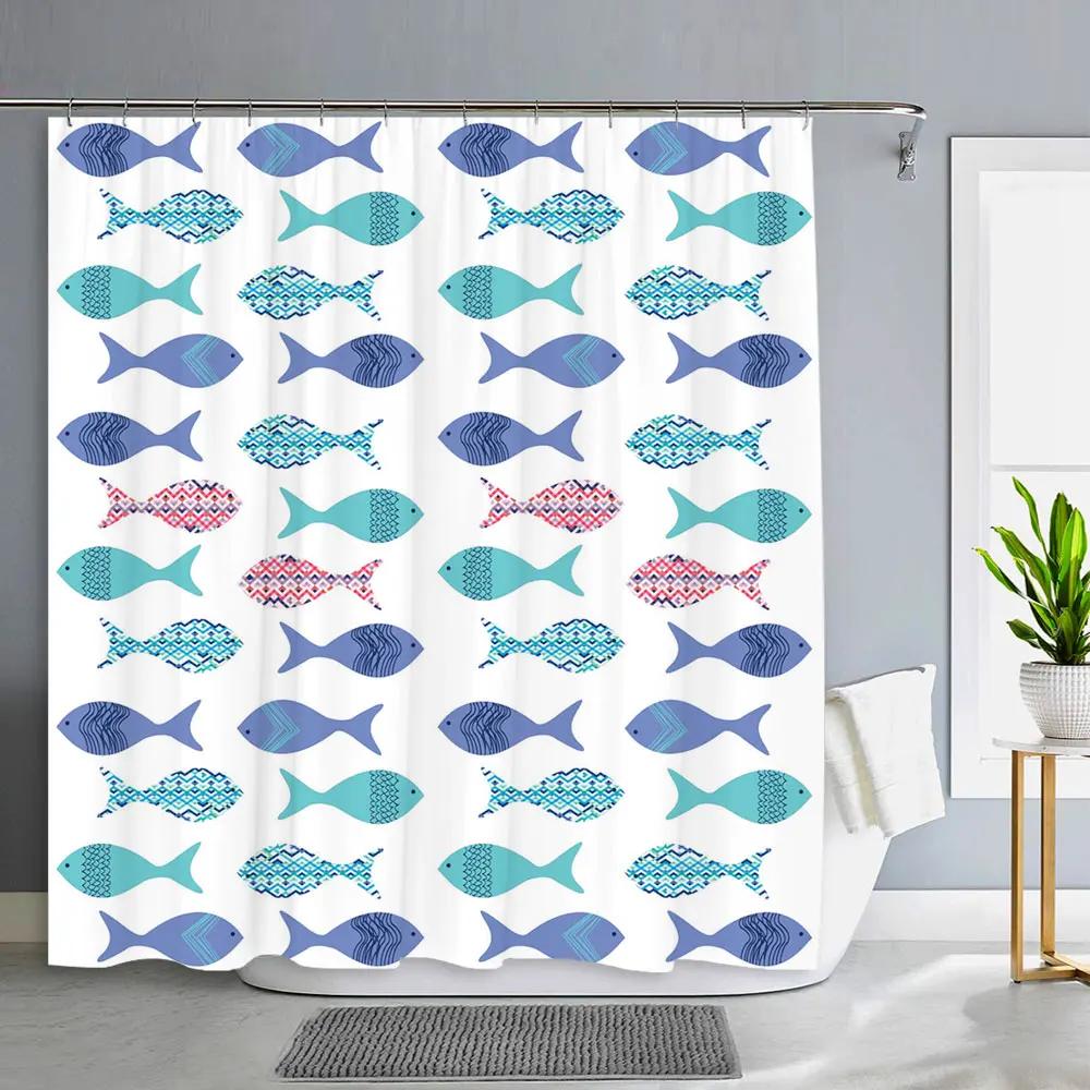 Ocean Shower Curtain for Kids Under The Sea Dolphin Fish Blue Decorative Bath Curtain Polyester Fabric Washable Bathroom Curta