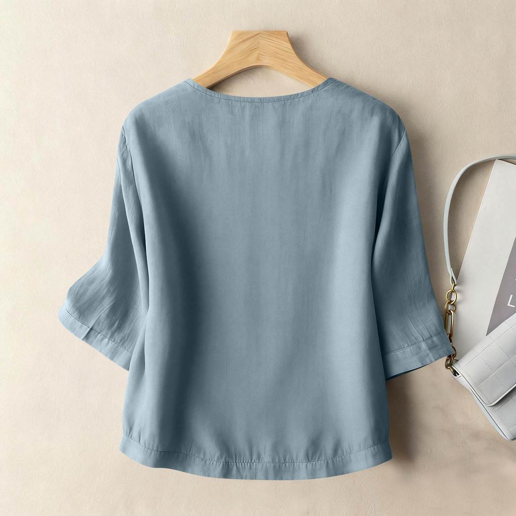 Damen Oberteil im Vintage-Stil, lockere Passform, Baumwoll-Leinen-Mischung, V-Ausschnitt, ärmellang