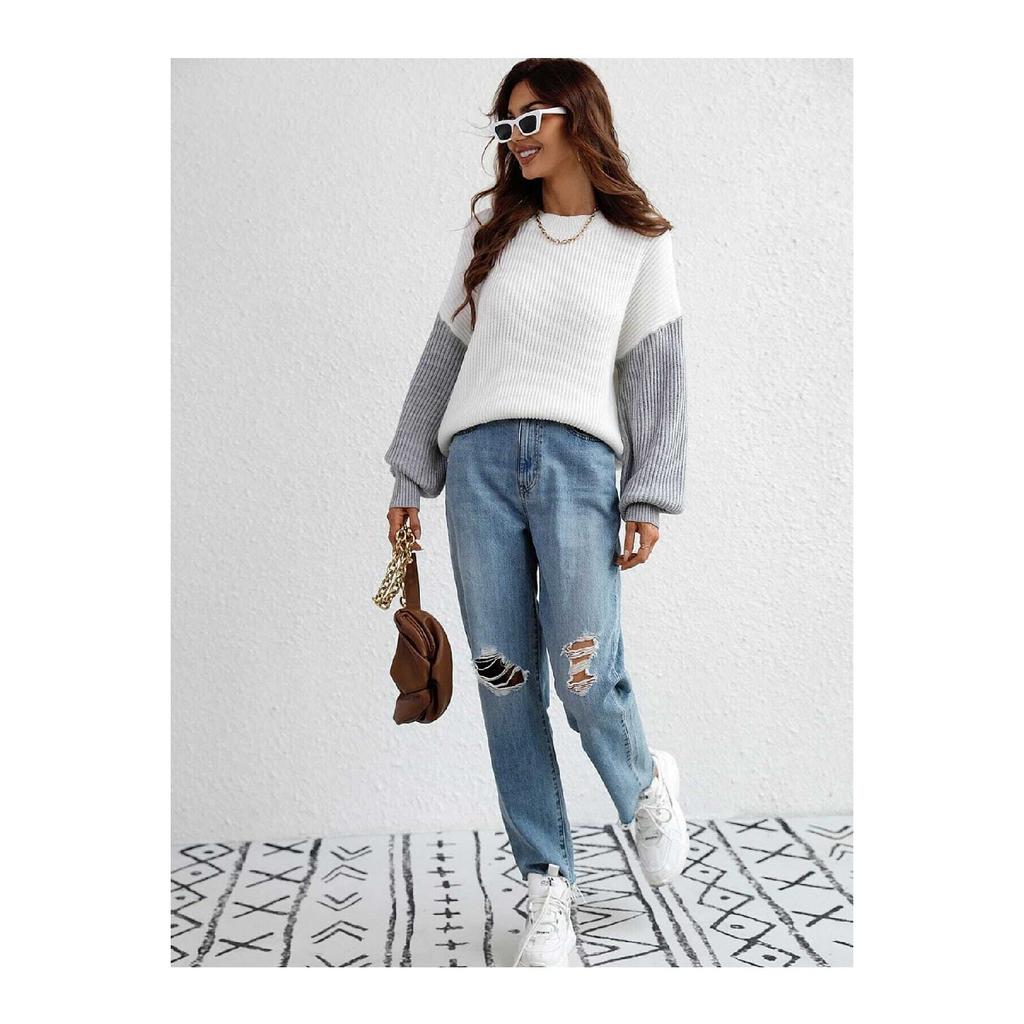 Colored Thessaloniki Knit Oversize White Women's Sweater Blouse With Sleeves