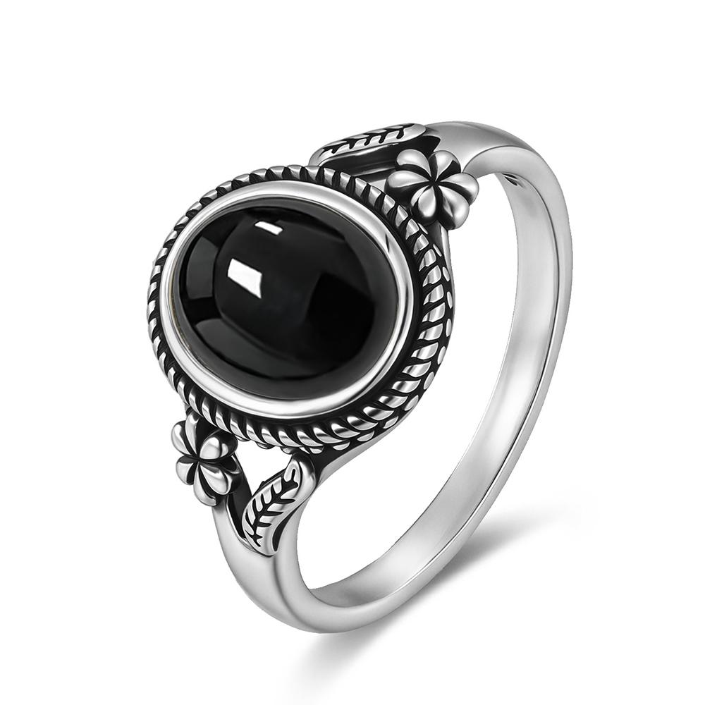

Vintage 925 Sterling Silver Natural Black Onyx 8*10mm Ring Flower Shaped Tiger s Eye Ring Fine Jewelry Finger Ring for Women 6