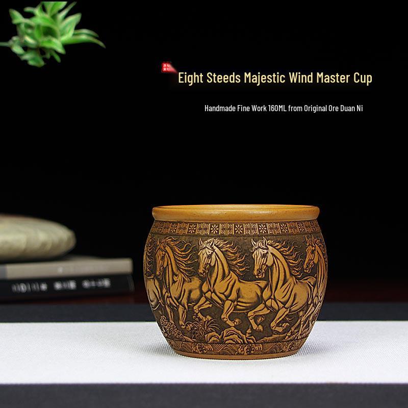 Yixing Zisha Handmade Duan Ni Double-Layer Anti-Scald Tea Tasting Cup with Eight Horses Design 160ml