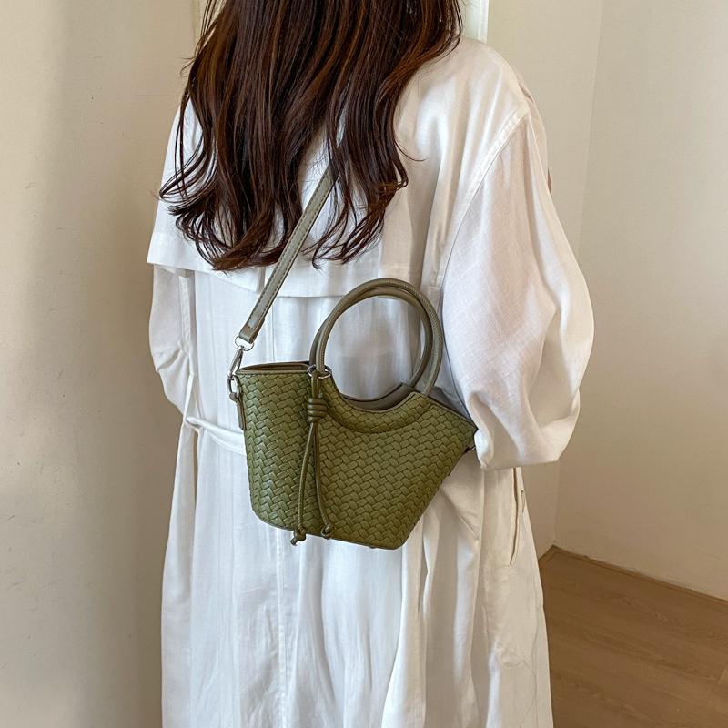 Woven Texture Mini Tote Bag with Round Handle and Detachable Strap