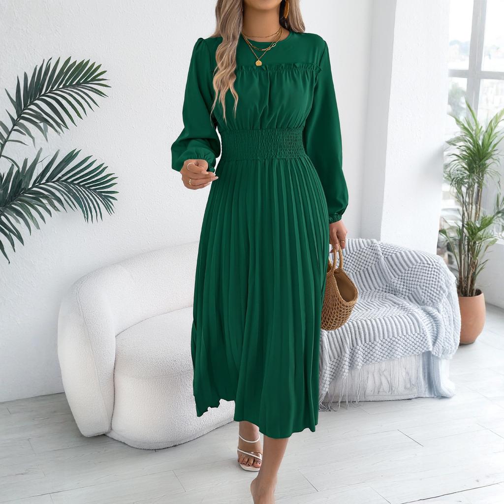 Women's Casual  Round Neck Ear-rimmed Long Sleeve Tight Waist Pleated Dress