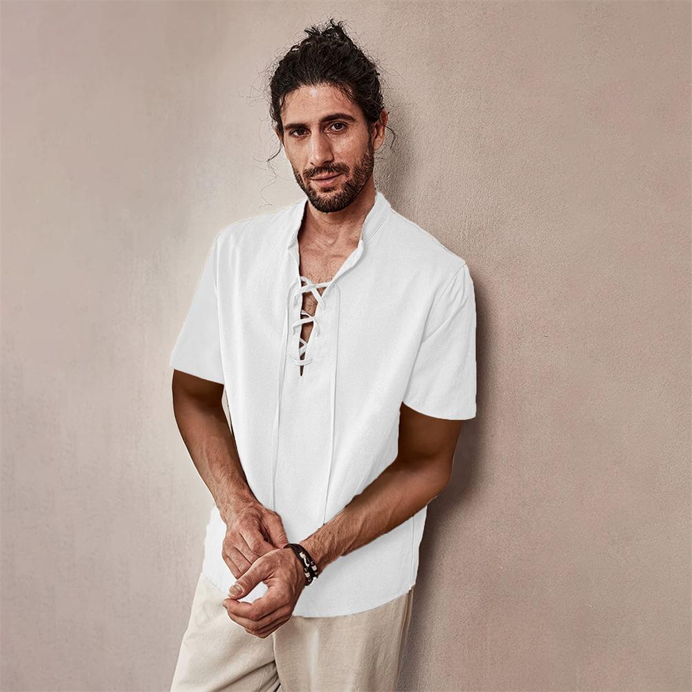 

Vintage Short Sleeve V-neck Shirt for Men Solid Color Cotton Linen T-shirt Breathable Lightweight Stylish Fashion Male Tops XXL белый