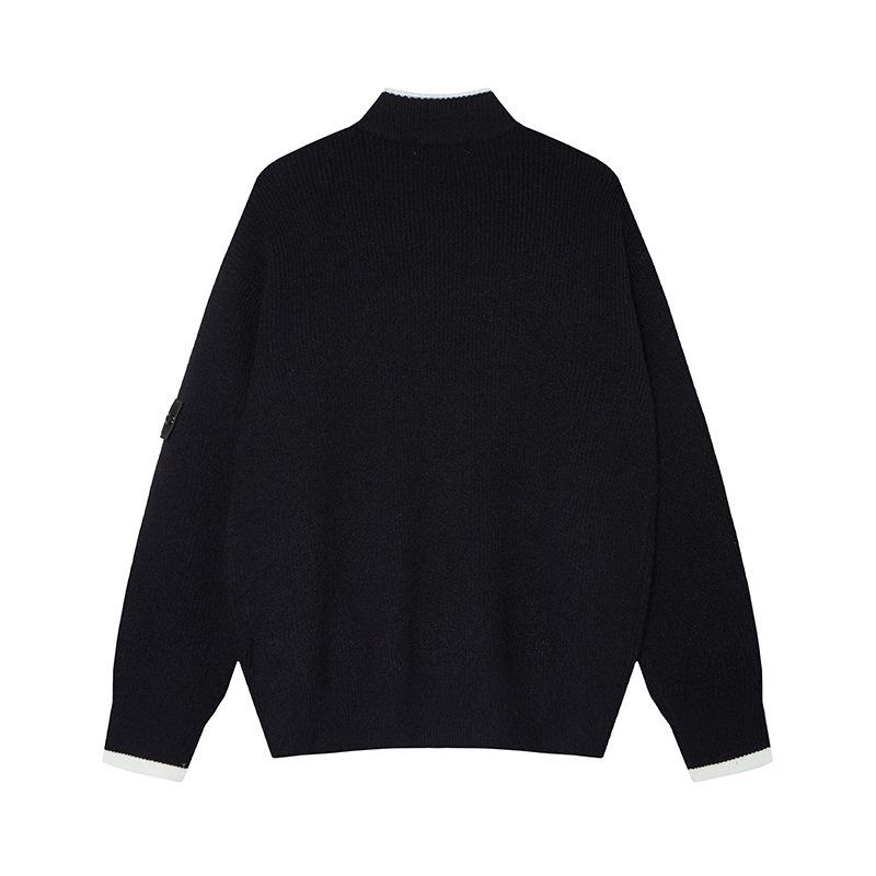 Unisex Herbst/Winter Steinfarbener Reißverschluss-Strickjacke: Stehkragen, Abzeichen-Detail, Colorblock-Strickpullover