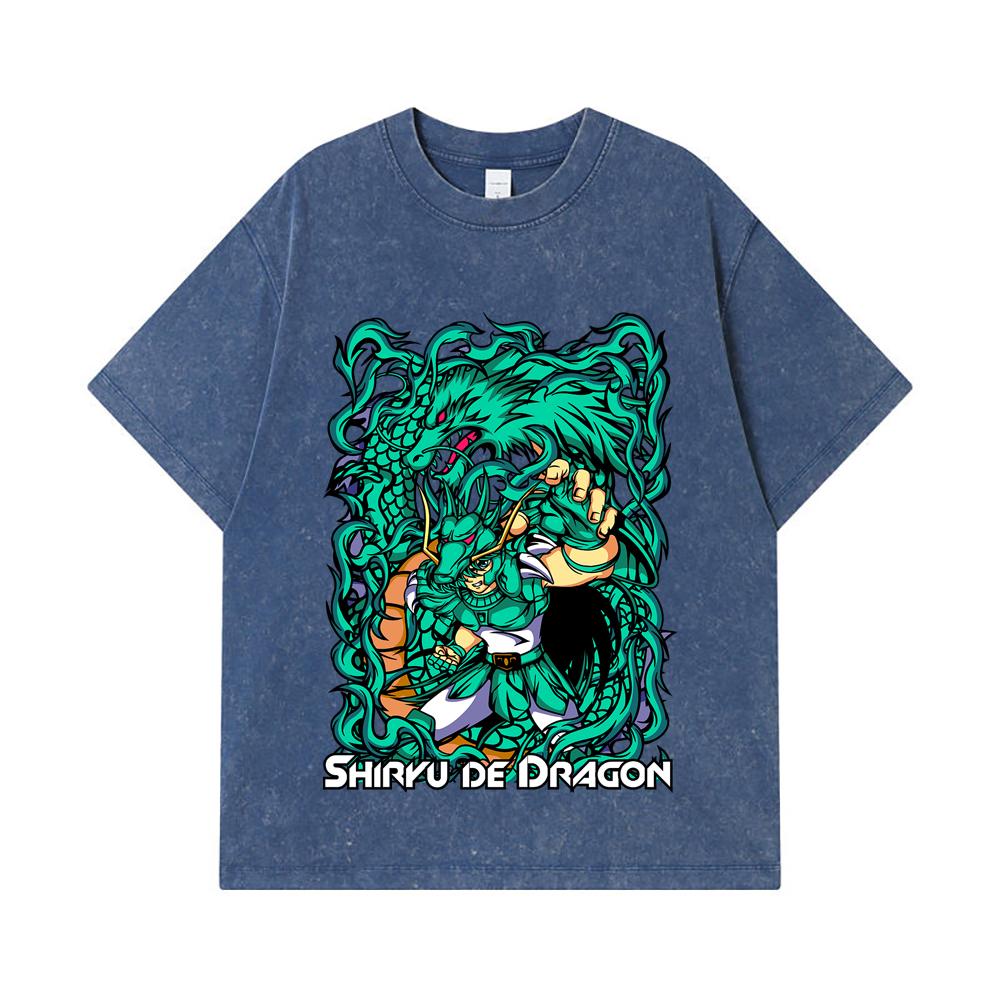 

275 GSM Washed T-shirts 100% Cotton Saint Seiya V16 Shiryu Print Unisex Heavy Cotton T Shirt 2XL королівський синій колір